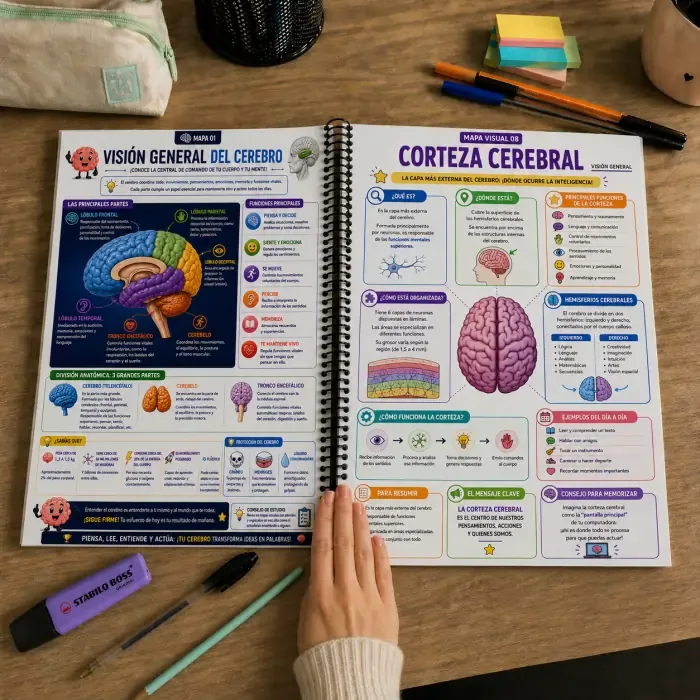 Mapas visuales impresos sobre una mesa de estudio